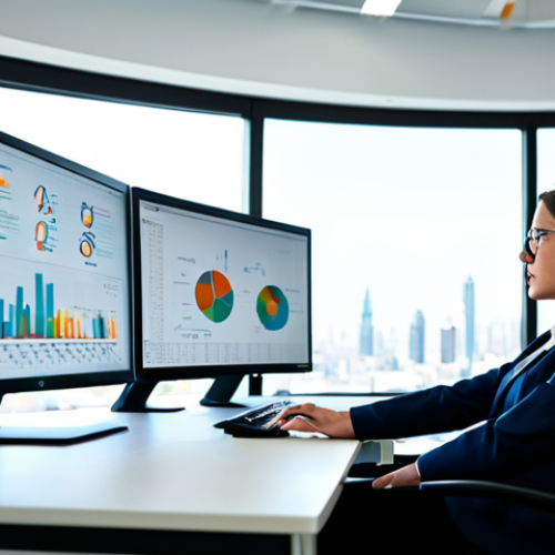 A focused professional woman, in her early 30s, wearing a modest business suit, seated at an ergonomic desk. She is deeply engrossed in analyzing complex data visualizations on a large computer monitor, showing intricate charts and graphs related to digital marketing performance. The modern office environment is bright and spacious, with blurred colleagues and city skyline visible in the background, suggesting a dynamic workspace. The overall atmosphere conveys deep thought and strategic insight. fully clothed, appropriate attire, safe for work, professional, perfect anatomy, correct proportions, natural pose, well-formed hands, proper finger count, natural body proportions, professional photography, high quality.