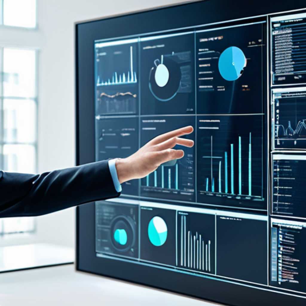 A professional data analyst, fully clothed in a modern business suit, is intently interacting with a large, transparent digital screen displaying intricate data visualizations and predictive AI models. The scene is set in a contemporary, brightly lit office with subtle architectural details. The focus is on the human-technology interaction, conveying insights and innovation. perfect anatomy, correct proportions, natural pose, well-formed hands, proper finger count, natural body proportions, professional photography, high quality, sharp focus, safe for work, appropriate content, fully clothed, professional.