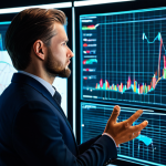 A focused professional data analyst in a modest business suit, intently observing a complex, holographic data display showing intricate charts, graphs, and AI-driven predictive insights. The setting is a futuristic, sleek, and brightly lit office environment, with subtle digital lines and abstract representations of data flows in the background, conveying a sense of deep thought and technological advancement. The subject is fully clothed, appropriate attire, safe for work, professional, perfect anatomy, correct proportions, natural pose, well-formed hands, proper finger count, professional photography, high quality, studio lighting.
