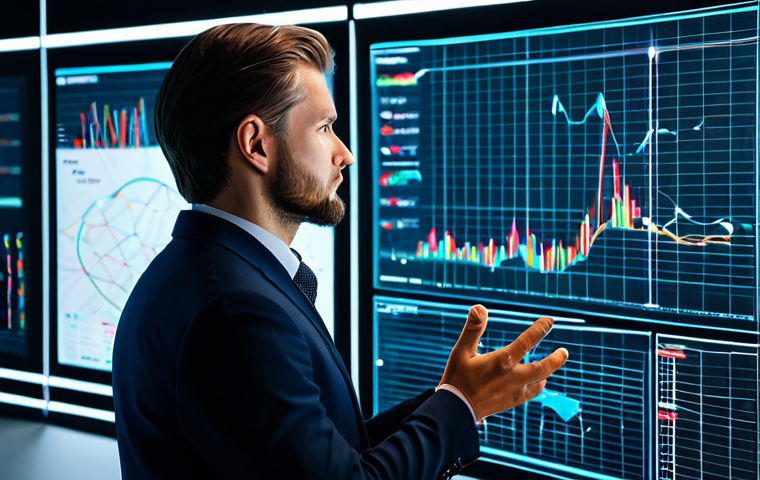 A focused professional data analyst in a modest business suit, intently observing a complex, holographic data display showing intricate charts, graphs, and AI-driven predictive insights. The setting is a futuristic, sleek, and brightly lit office environment, with subtle digital lines and abstract representations of data flows in the background, conveying a sense of deep thought and technological advancement. The subject is fully clothed, appropriate attire, safe for work, professional, perfect anatomy, correct proportions, natural pose, well-formed hands, proper finger count, professional photography, high quality, studio lighting.