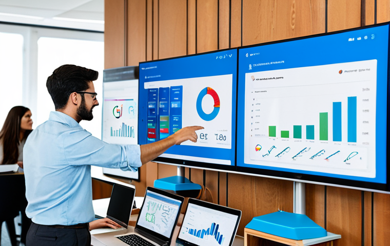 디지털 광고 타겟팅을 위한 웹사이트 최적화 - Data-Driven Marketing Insight**

"A marketing team collaboratively analyzing data dashboards on larg...