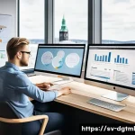 데이터 기반의 맞춤형 광고 타겟팅 - A professional digital marketing analyst sitting at a modern Scandinavian-style office desk with dua...