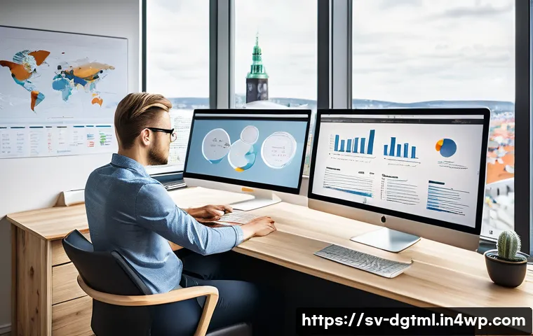 데이터 기반의 맞춤형 광고 타겟팅 - A professional digital marketing analyst sitting at a modern Scandinavian-style office desk with dua...