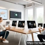 Home 22 유튜브 광고 타겟팅 전략 - A modern Scandinavian office scene showing a diverse team of marketing professionals analyzing YouTu...