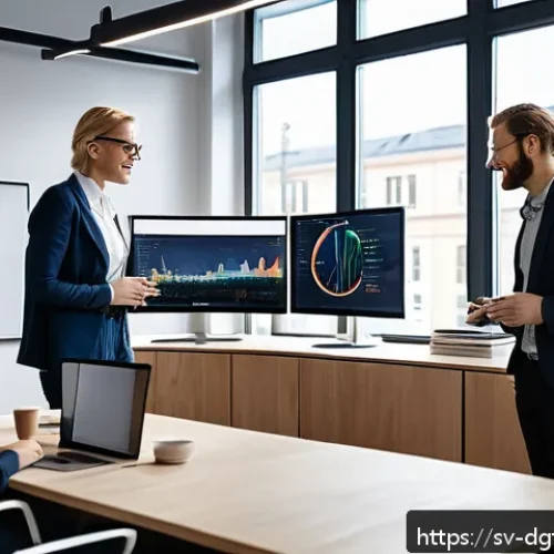 Home 33 고객 피드백을 반영한 광고 타겟팅 전략 - A professional marketing team in a modern Swedish office, actively analyzing customer feedback on mu...