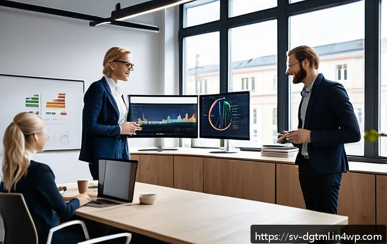 고객 피드백을 반영한 광고 타겟팅 전략 - A professional marketing team in a modern Swedish office, actively analyzing customer feedback on mu...