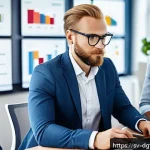 Home 20 디지털 광고 타겟팅을 위한 콘텐츠 전략 - A professional Swedish marketing team in a modern office setting, collaborating on audience segmenta...