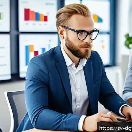 Home 32 디지털 광고 타겟팅을 위한 콘텐츠 전략 - A professional Swedish marketing team in a modern office setting, collaborating on audience segmenta...