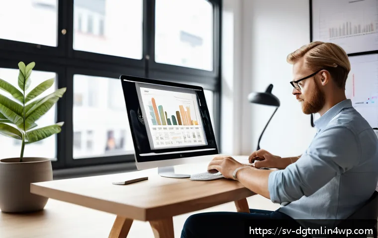 디지털 광고 타겟팅에서의 A B 테스트 활용 - A professional marketer analyzing data on a modern laptop in a cozy Scandinavian-style office, surro...