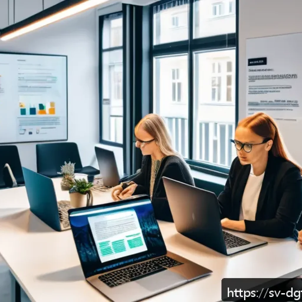 디지털 광고의 데이터 보호 및 개인 정보 관리 - A modern Scandinavian office scene showing a diverse team of digital marketers collaborating on data...