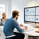 Home 18 광고 성과에 영향을 미치는 요소 분석 - A modern Swedish digital marketing office scene featuring a diverse team of professionals analyzing ...
