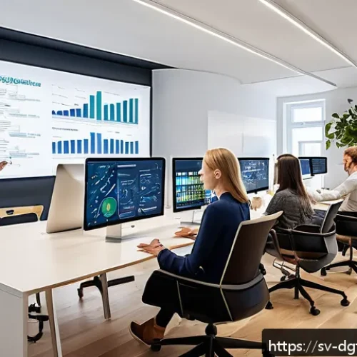 Home 17 효과적인 디지털 광고 타겟팅을 위한 가이드 - A modern Scandinavian marketing office scene showing a diverse team of young adults analyzing demogr...