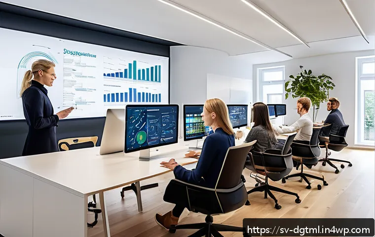 효과적인 디지털 광고 타겟팅을 위한 가이드 - A modern Scandinavian marketing office scene showing a diverse team of young adults analyzing demogr...